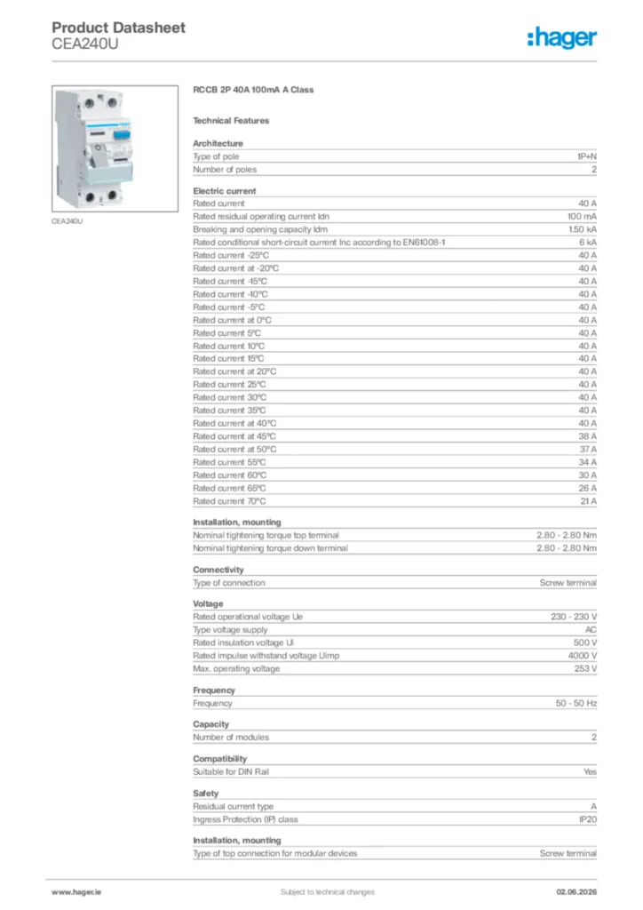 Image Hager Product data sheet CEA240U  | Hager