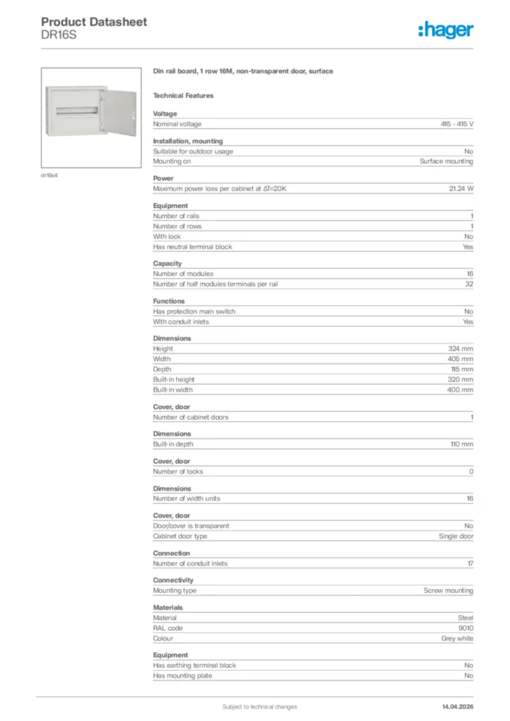 Image Hager Product data sheet DR16S  | Hager Africa
