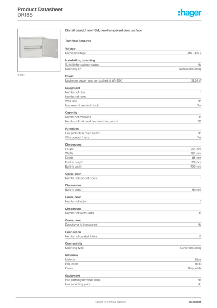 Image Hager Product data sheet DR16S  | Hager Africa