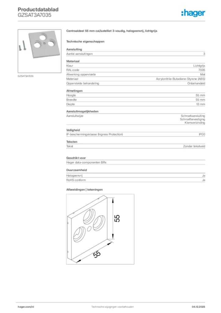 Afbeelding Hager Productdatablad GZSAT3A7035 | Hager Nederland