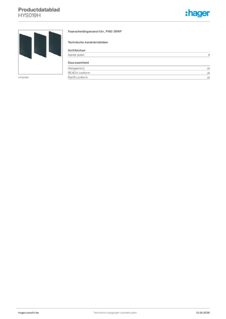 Afbeelding Hager Productdatablad HYS019H | Hager Belgium