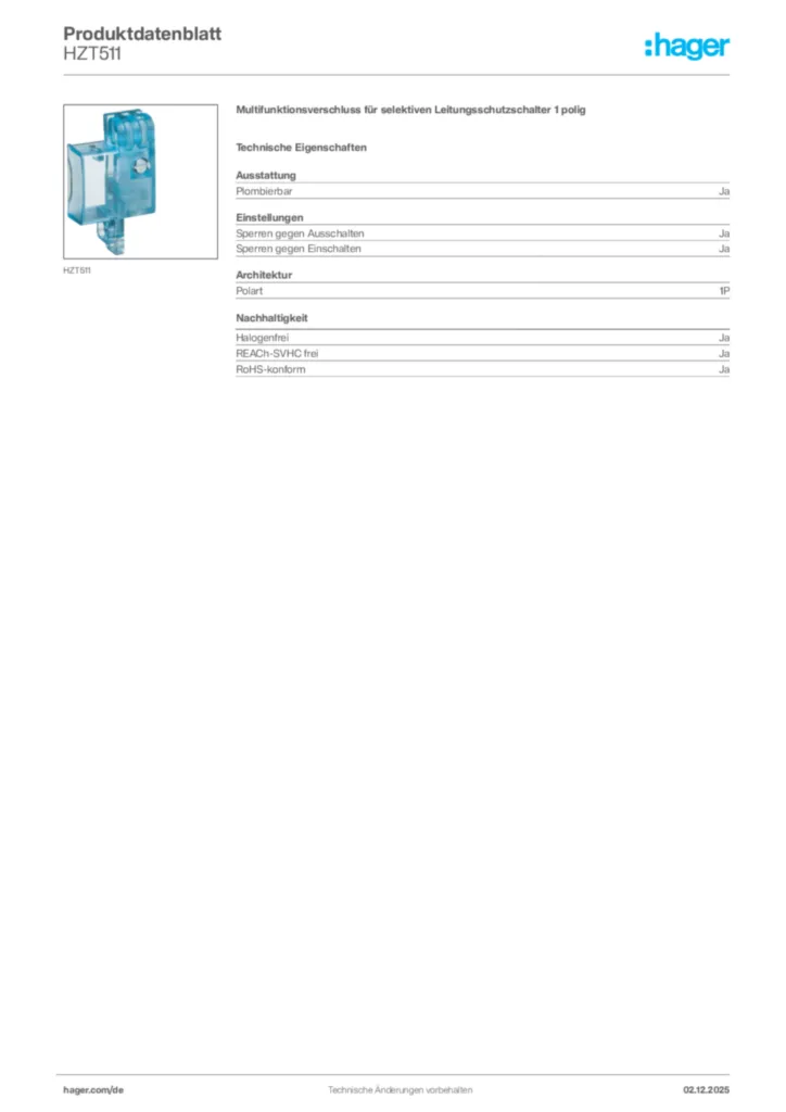 Bild Hager Produktdatenblatt HZT511 | Hager Deutschland