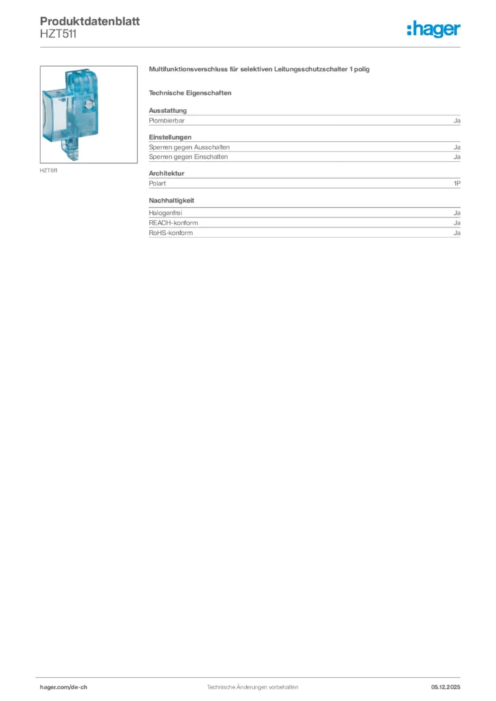 Bild Hager Produktdatenblatt HZT511 | Hager Schweiz