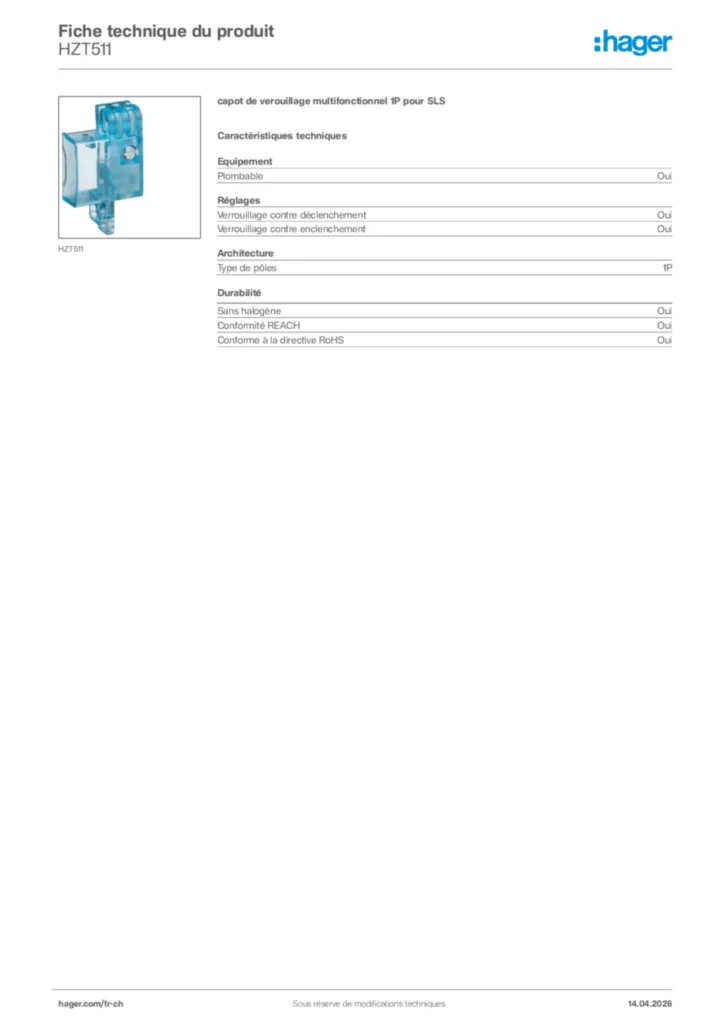 Image Hager Fiche technique du produit HZT511 | Hager Suisse