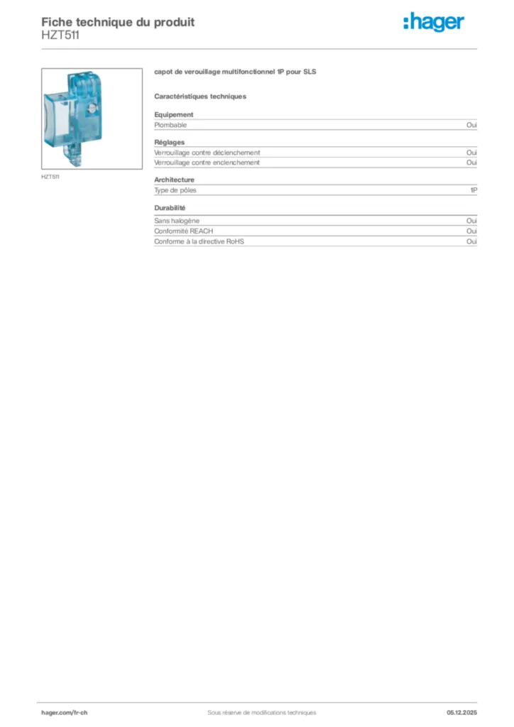 Image Hager Fiche technique du produit HZT511 | Hager Suisse