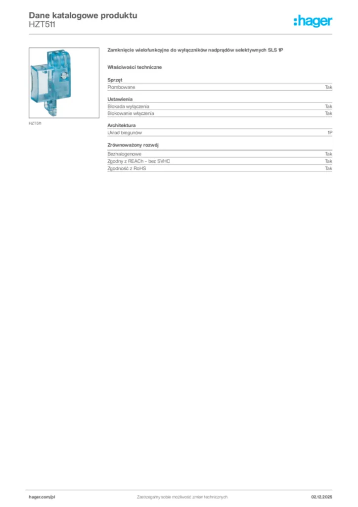 Zdjęcie Hager Dane katalogowe produktu HZT511 | Hager Polska