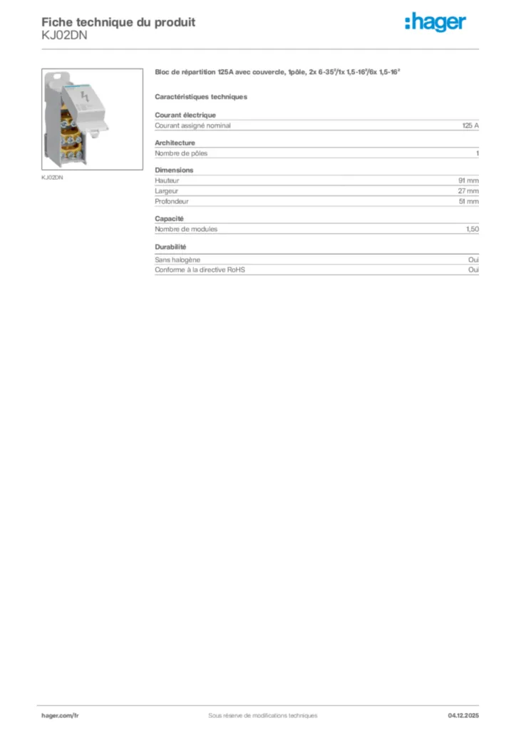 Image Hager Fiche technique du produit KJ02DN | Hager France