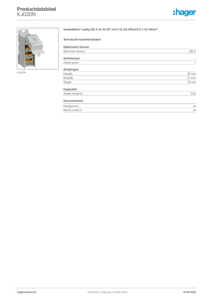 Afbeelding Hager Productdatablad KJ02DN | Hager Belgium