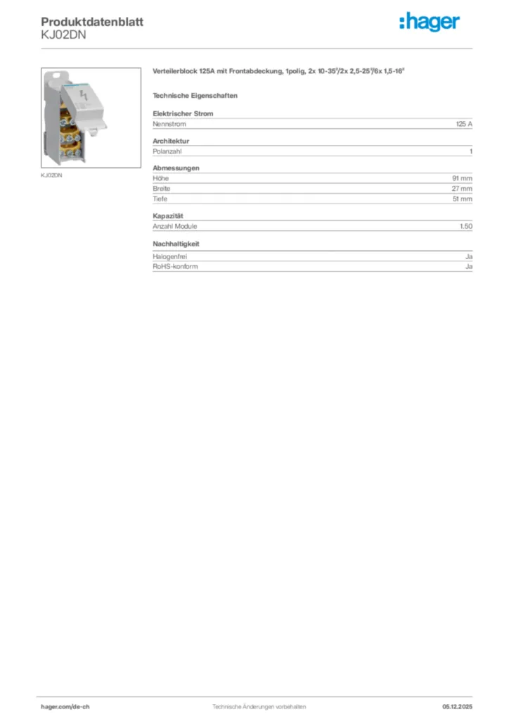 Bild Hager Produktdatenblatt KJ02DN | Hager Schweiz