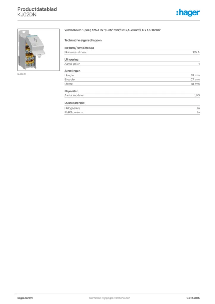 Afbeelding Hager Productdatablad KJ02DN | Hager Nederland