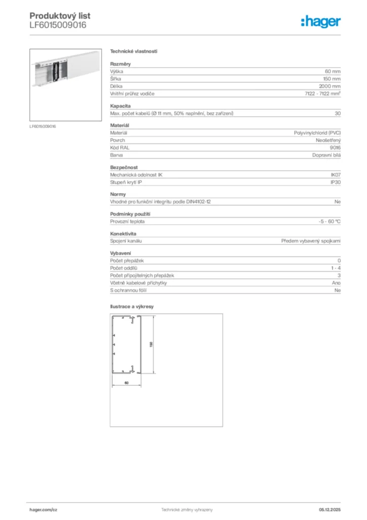 Obrázek Hager Product data sheet LF6015009016 | Hager
