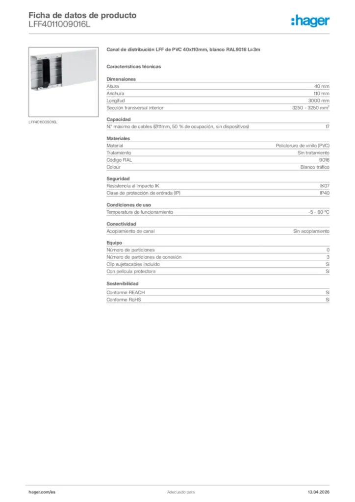 Imagen Hager Ficha de datos de producto LFF4011009016L | Hager España