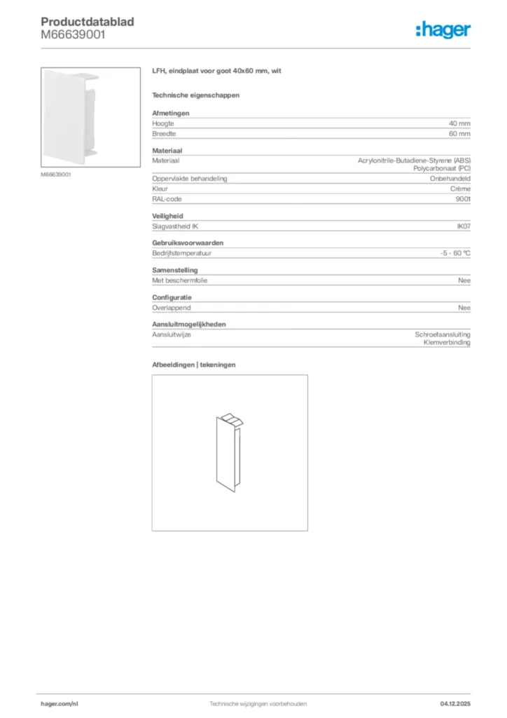 Afbeelding Hager Productdatablad M66639001 | Hager Nederland