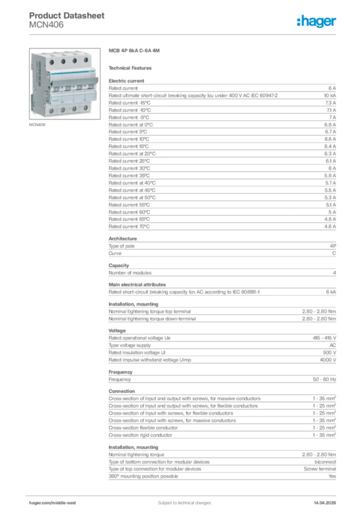 Image Hager Product data sheet MCN406  | Hager