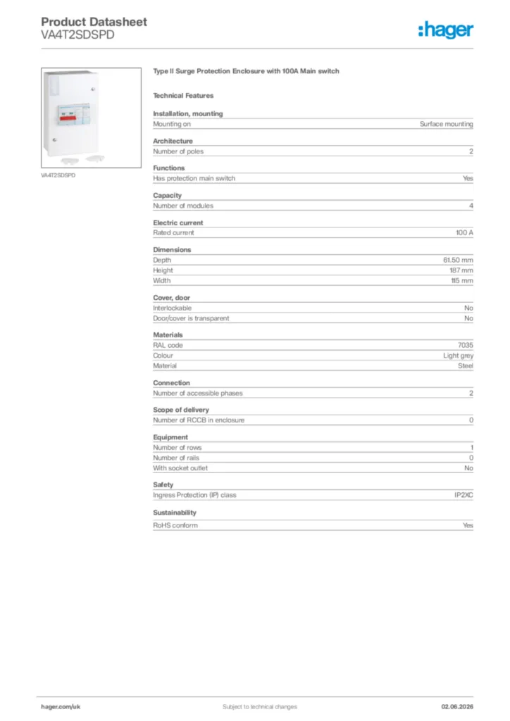 Image Hager Product data sheet VA4T2SDSPD  | Hager