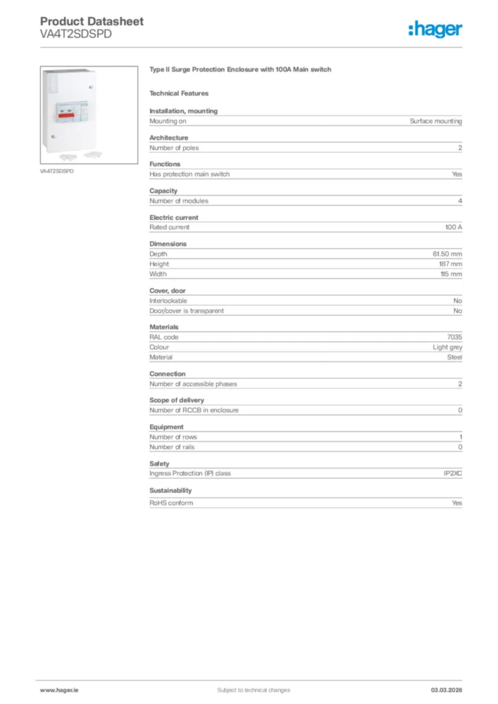 Image Hager Product data sheet VA4T2SDSPD  | Hager