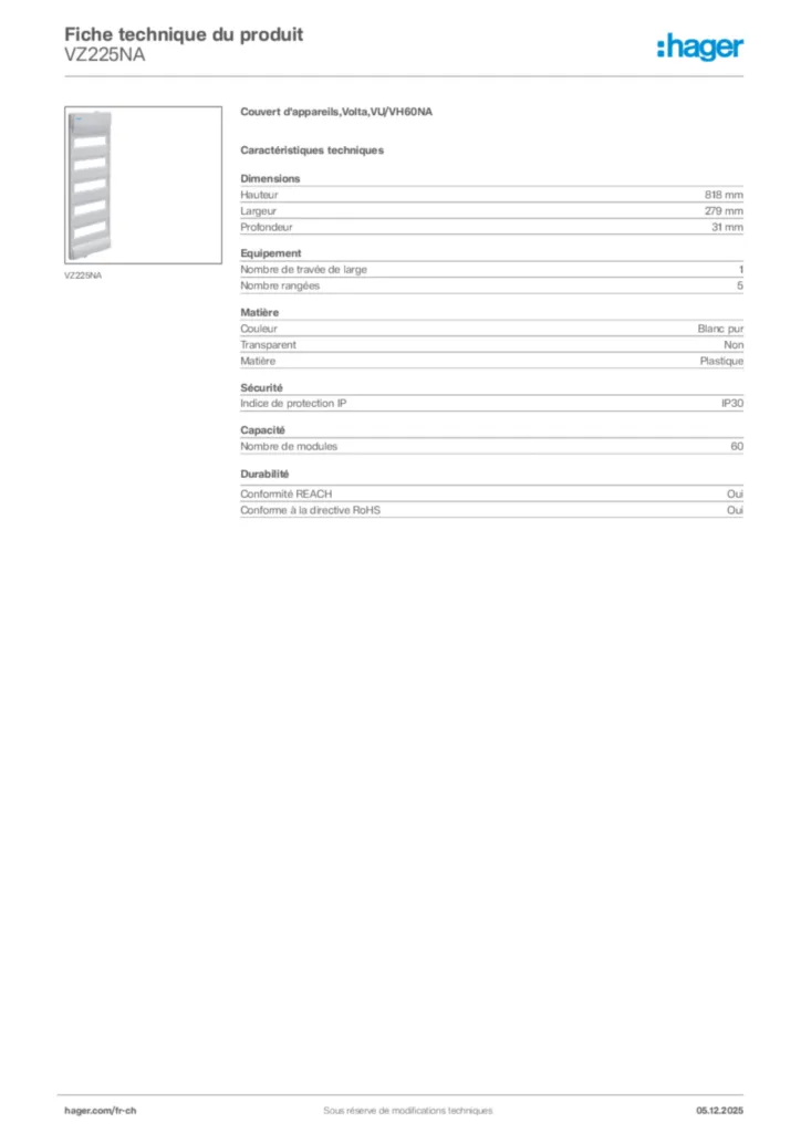 Image Hager Fiche technique du produit VZ225NA | Hager Suisse