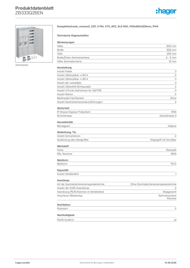 Bild Hager Produktdatenblatt ZB333Q25EN | Hager Deutschland