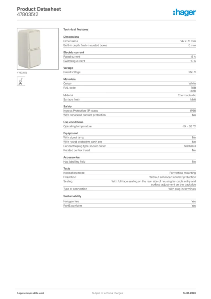 Image Hager Product data sheet 47803512  | Hager