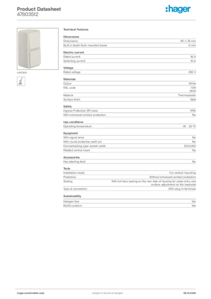 Image Hager Product data sheet 47803512  | Hager