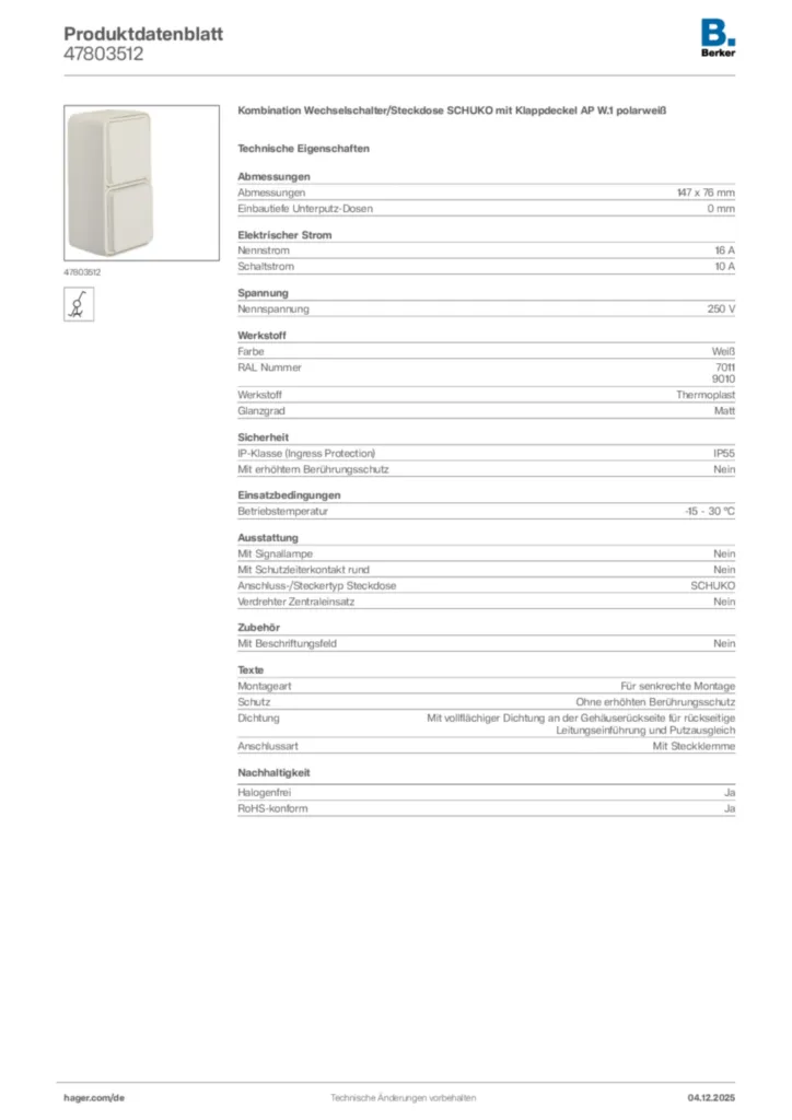 Bild Berker Produktdatenblatt 47803512 | Hager Deutschland