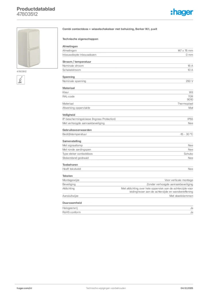 Afbeelding Hager Productdatablad 47803512 | Hager Nederland