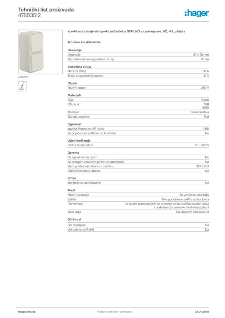 Slika Hager Tehnički list proizvoda 47803512  | Hager