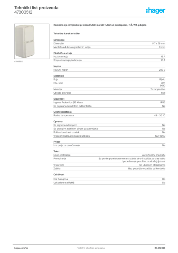 Slika Hager Product data sheet 47803512  | Hager