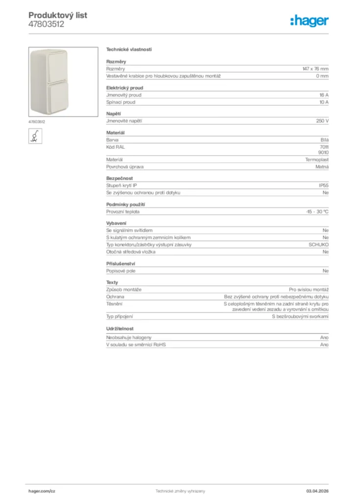 Obrázek Hager Product data sheet 47803512 | Hager