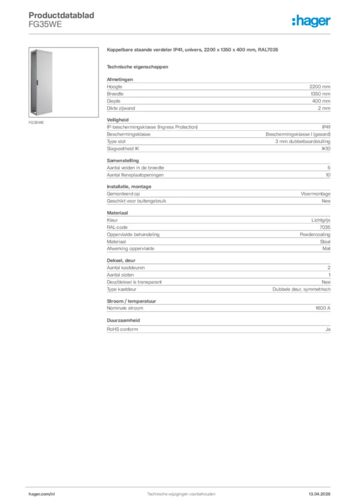 Afbeelding Hager Productdatablad FG35WE | Hager Nederland