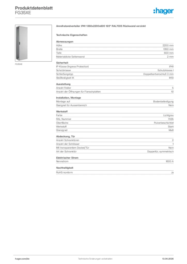 Bild Hager Produktdatenblatt FG35XE | Hager Deutschland