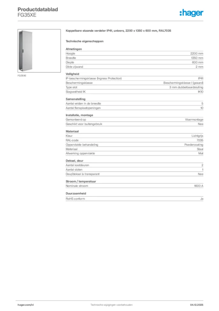 Afbeelding Hager Productdatablad FG35XE | Hager Nederland