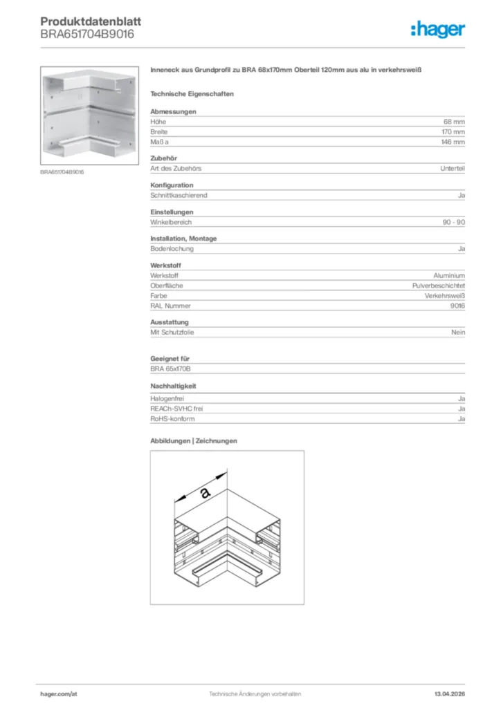 Bild Hager Produktdatenblatt BRA651704B9016 | Hager Deutschland