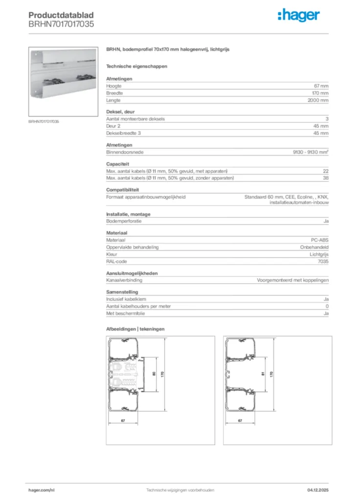 Afbeelding Hager Productdatablad BRHN7017017035 | Hager Nederland
