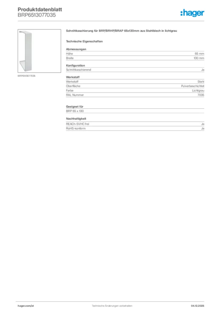 Bild Hager Produktdatenblatt BRP6513077035 | Hager Deutschland