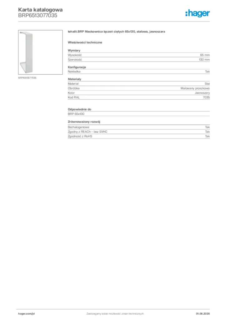 Zdjęcie Hager Karta katalogowa BRP6513077035 | Hager Polska
