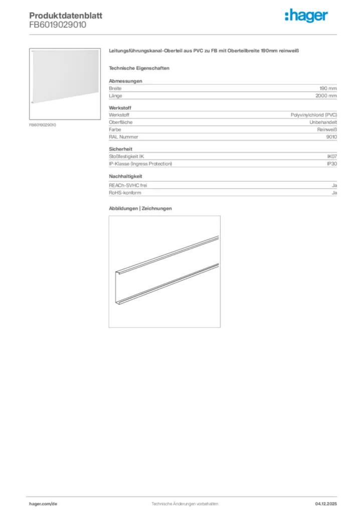 Bild Hager Produktdatenblatt FB6019029010 | Hager Deutschland