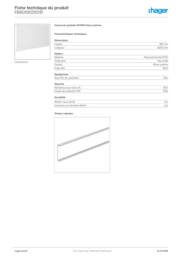 Image Hager Fiche technique du produit FB6019029010 | Hager France