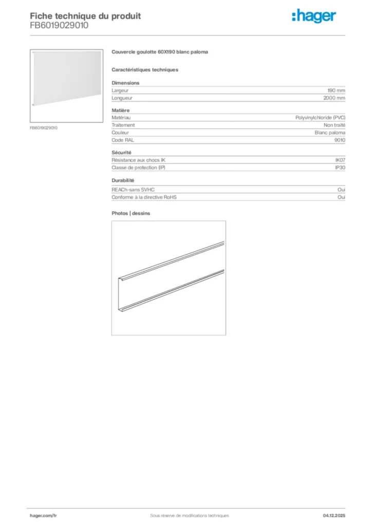 Image Hager Fiche technique du produit FB6019029010 | Hager France