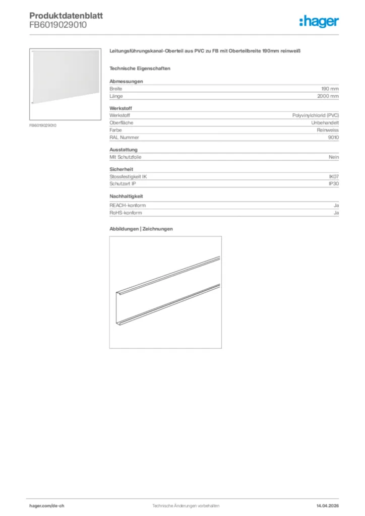 Bild Hager Produktdatenblatt FB6019029010 | Hager Schweiz