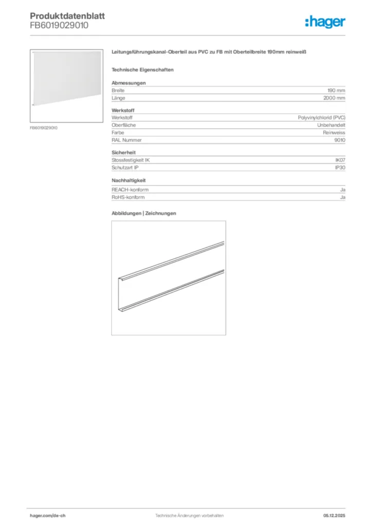 Bild Hager Produktdatenblatt FB6019029010 | Hager Schweiz