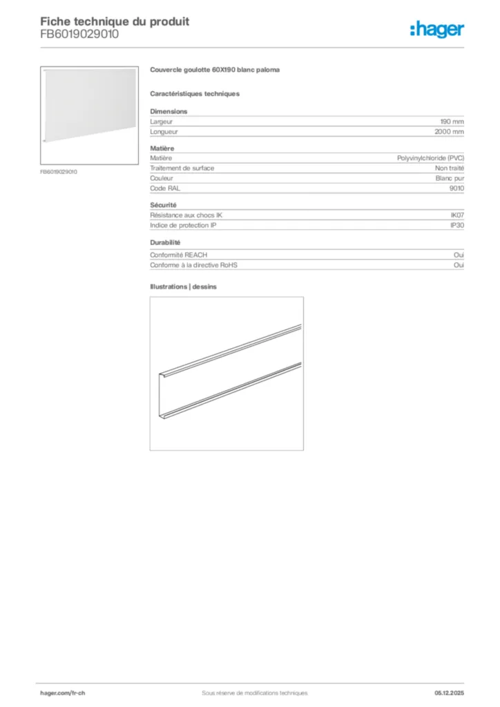 Image Hager Fiche technique du produit FB6019029010 | Hager Suisse