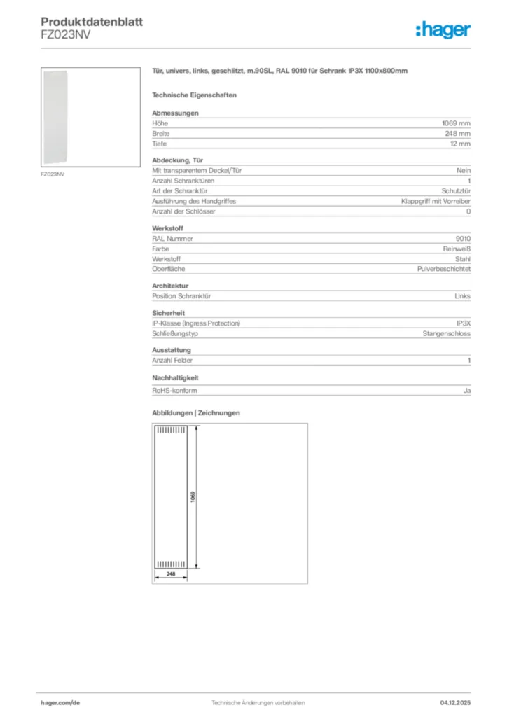 Bild Hager Produktdatenblatt FZ023NV | Hager Deutschland