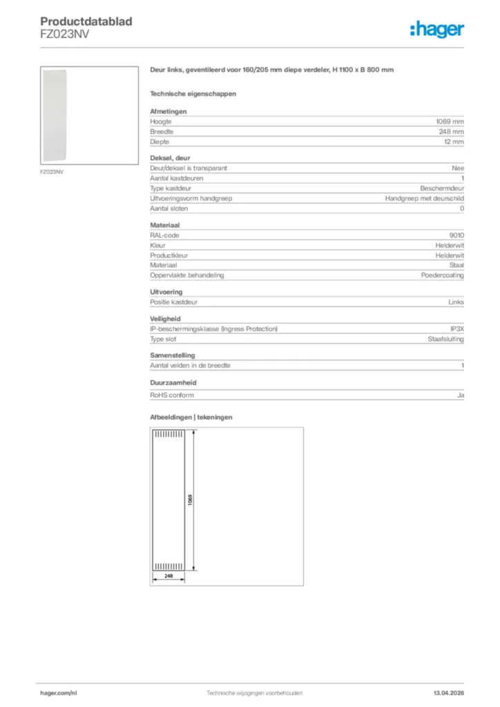 Afbeelding Hager Productdatablad FZ023NV | Hager Nederland