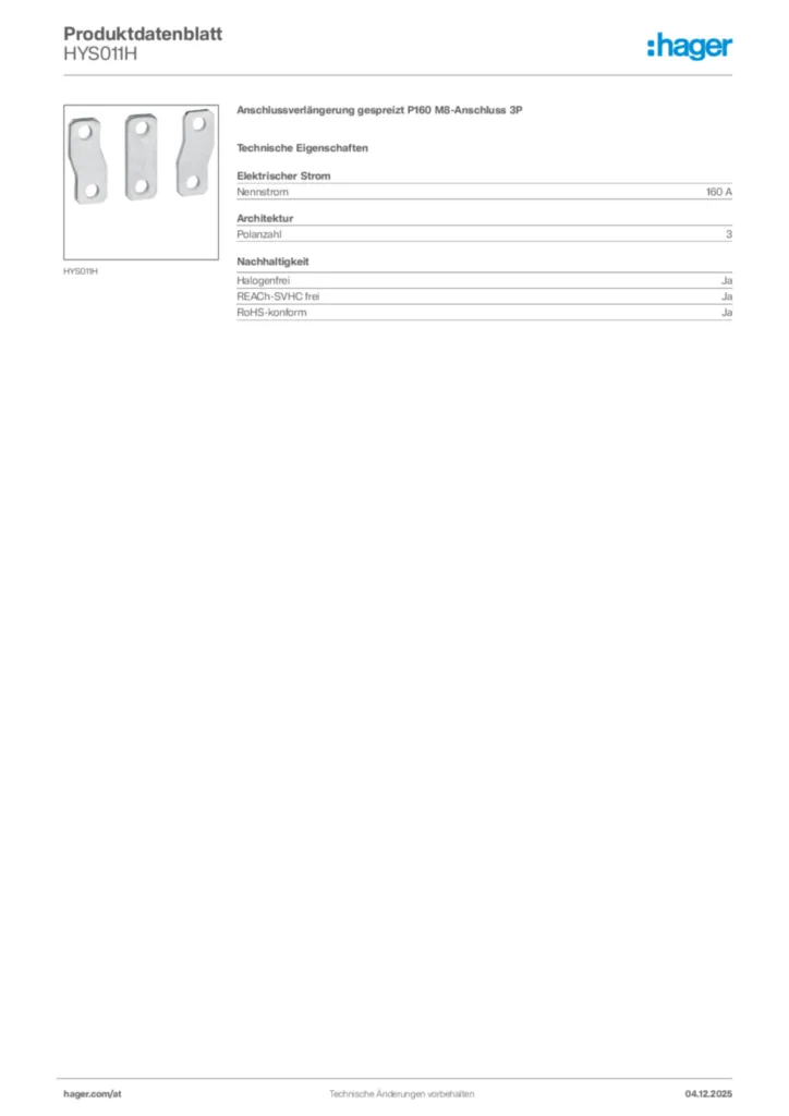 Bild Hager Produktdatenblatt HYS011H | Hager Deutschland
