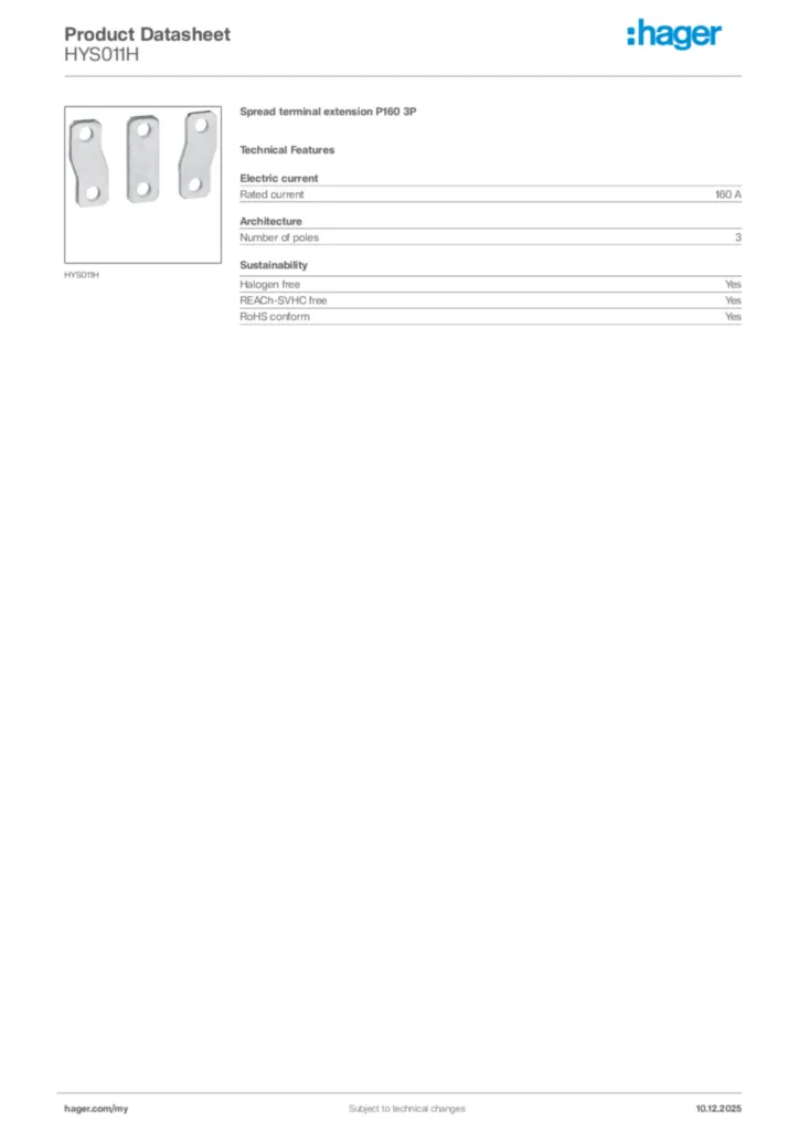 Image Hager Product data sheet HYS011H  | Hager