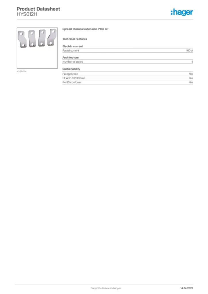 Image Hager Product data sheet HYS012H  | Hager Africa