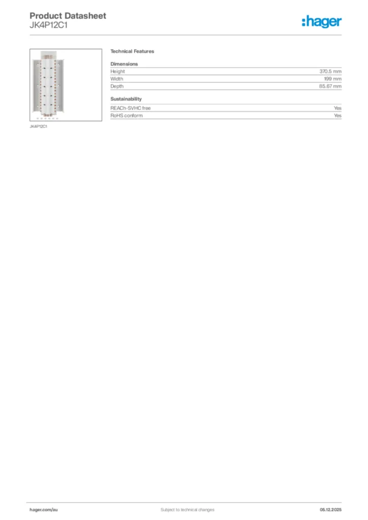 Image Hager Product data sheet JK4P12C1  | Hager Australia
