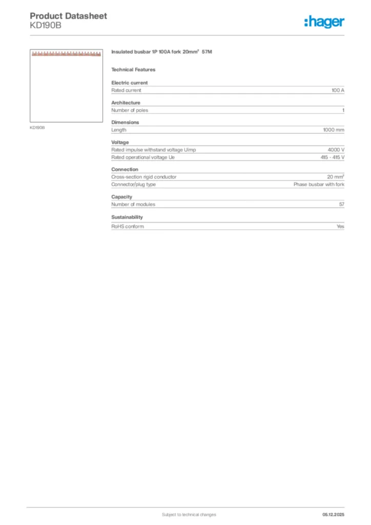 Image Hager Product data sheet KD190B  | Hager Africa