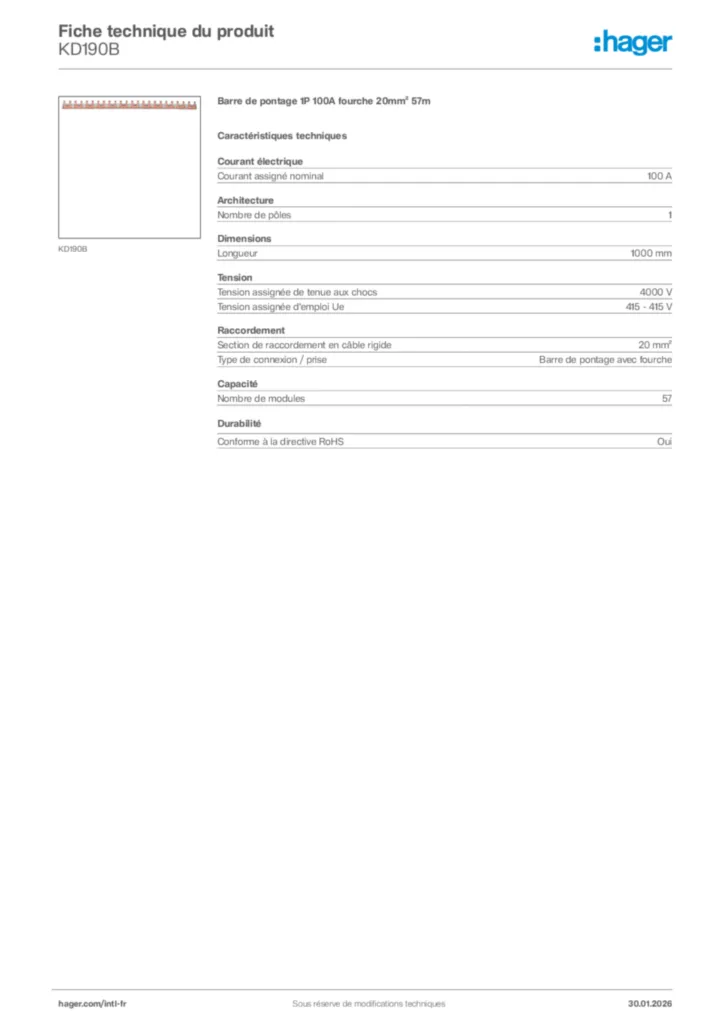 Image Hager Fiche technique du produit KD190B | Hager Afrique
